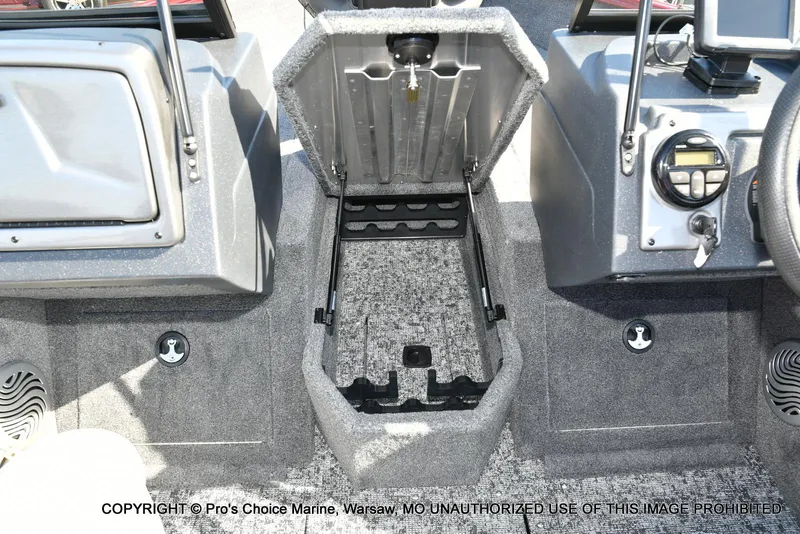 Slide: The Image of 2025 Tracker Pro Guide V-175 Combo boat interior with open storage compartment. - 46