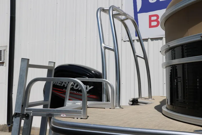 Slide: The Image of 2019 Lowe SS210 pontoon boat with Mercury outboard motor and ladder. - 15