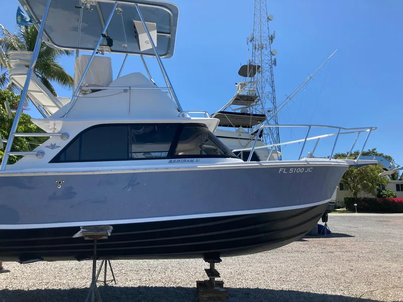 Slide: The Image of 1974 Bertram 31 Flybridge Cruiser on dry dock under clear blue sky. - 13