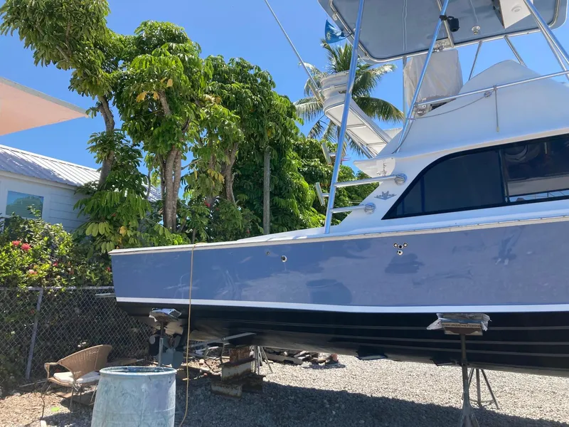 Slide: The Image of 1974 Bertram 31 Flybridge Cruiser on dry dock, surrounded by tropical trees. - 15