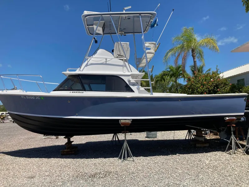 Slide: The Image of 1974 Bertram 31 Flybridge Cruiser on stands, with palm trees in the background. - 17