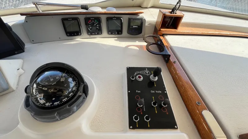 Slide: The Image of Control panel of a 1996 Amel Super Maramu-53 sailboat, featuring compass and navigation instruments. - 15