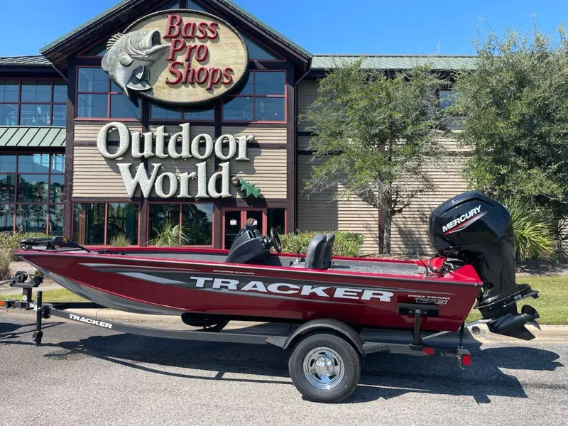 Slide: The Image of 2025 Tracker Pro Team 175 Crappie Edition boat outside Bass Pro Shops. - 6