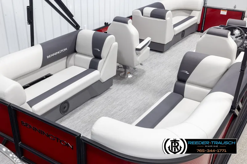 Slide: The Image of 2025 Bennington 22 SSRSE pontoon boat interior with gray and white seating. - 12
