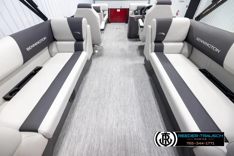 Slide: The Image of 2025 Bennington 22 SSRSE pontoon boat interior with gray and white seating. - 16