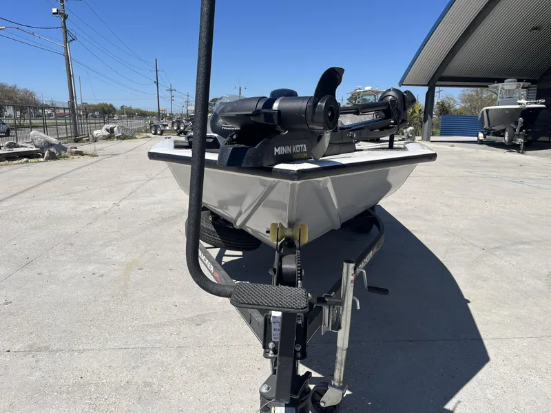 Slide: The Image of 2021 Tracker Pro Team 175 TXW Tournament Edition boat on trailer, featuring Minn Kota trolling motor. - 8
