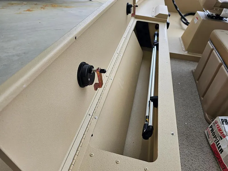 Slide: The Image of 2025 G3 Sportsman 1610 SS boat interior storage compartment with hydraulic lift. - 12