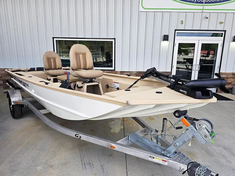 Slide: The Image of 2025 G3 Sportsman 1610 SS boat on trailer, featuring dual seats and trolling motor. - 5