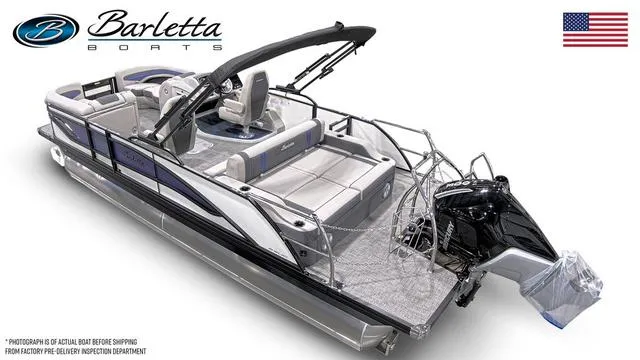Slide: The Image of 2025 Barletta Corsa 23UC pontoon boat with sleek design and modern features. - 5