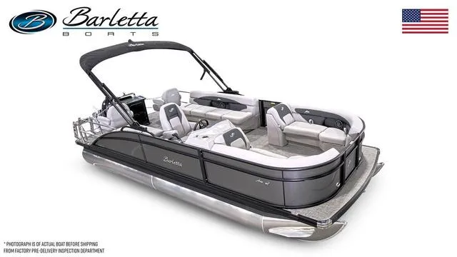 Slide: The Image of 2025 Barletta Aria A22CC pontoon boat with sleek design and spacious seating. - 19