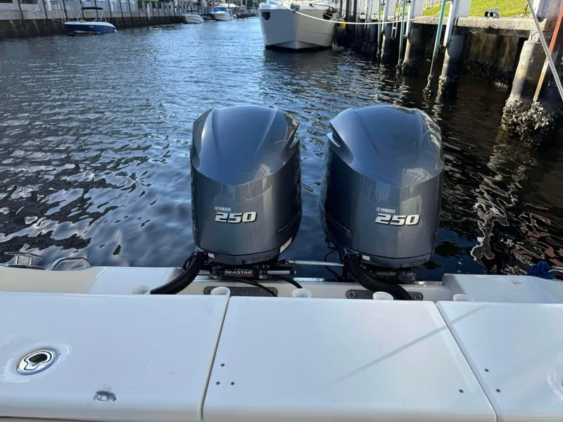 Slide: The Image of Twin Yamaha 250 engines on a 2018 Key West Billistic 281 Center Console boat. - 39