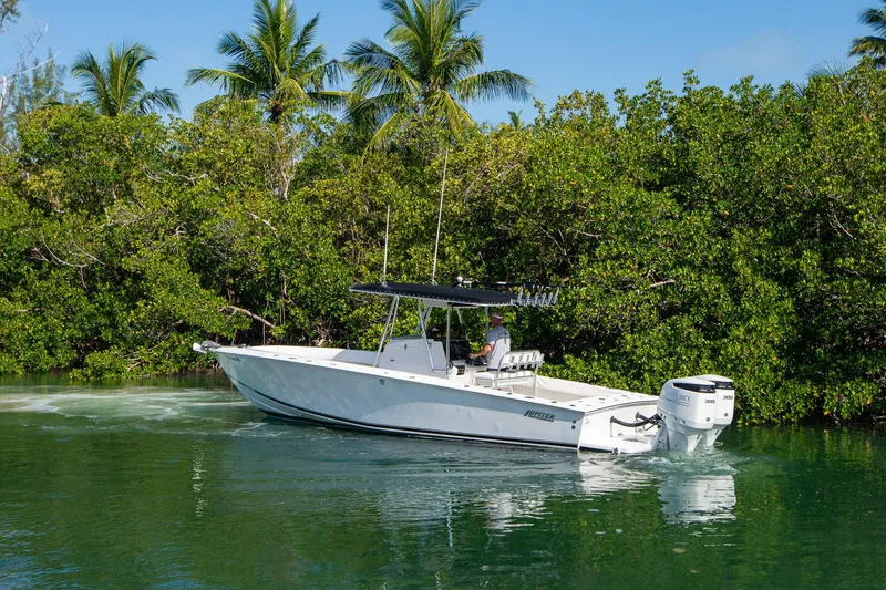 Slide: The Image of 1997 Jupiter 31 Open boat cruising in tropical waters with lush greenery and palm trees. - 14