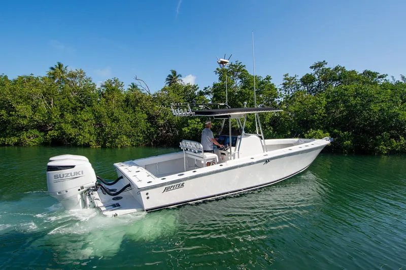 Slide: The Image of 1997 Jupiter 31 Open boat cruising in a lush, tropical waterway. - 15