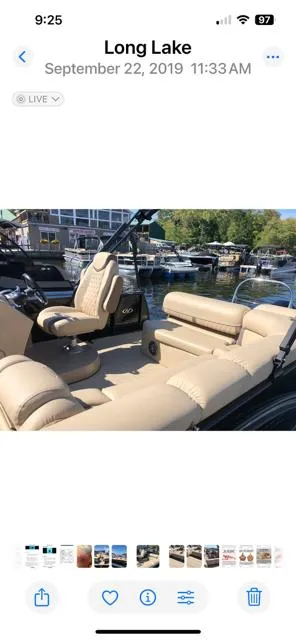 Slide: The Image of 2019 Harris Sunliner 250 pontoon boat with beige seating on Long Lake. - 3