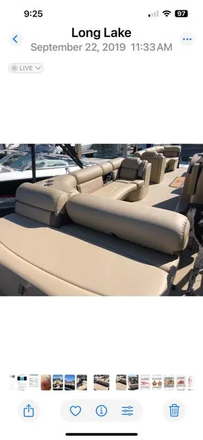 Slide: The Image of 2019 Harris Sunliner 250 pontoon boat with beige seating on Long Lake. - 4