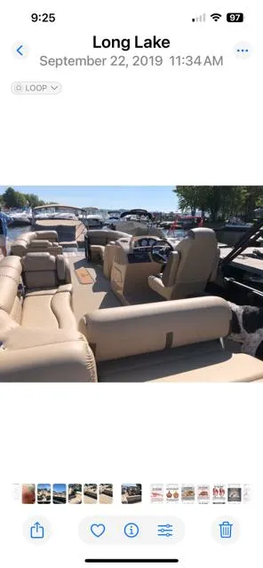 Slide: The Image of 2019 Harris Sunliner 250 pontoon boat on Long Lake with beige seating. - 6