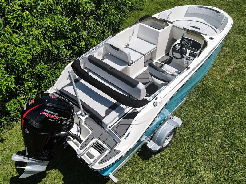 Slide: The Image of 2024 Bayliner Element M19 boat on grass, showcasing interior and outboard motor. - 26