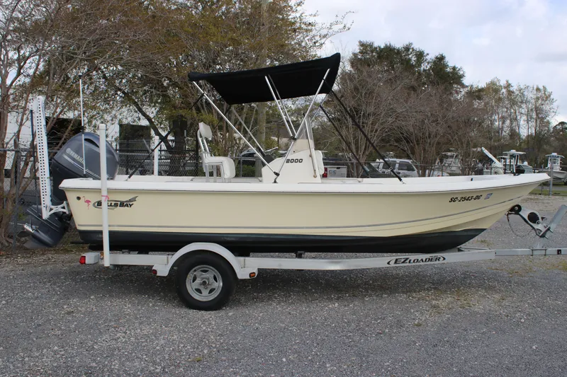Slide: The Image of 2015 Bulls Bay 2000 boat on trailer, parked outdoors with trees in the background. - 1