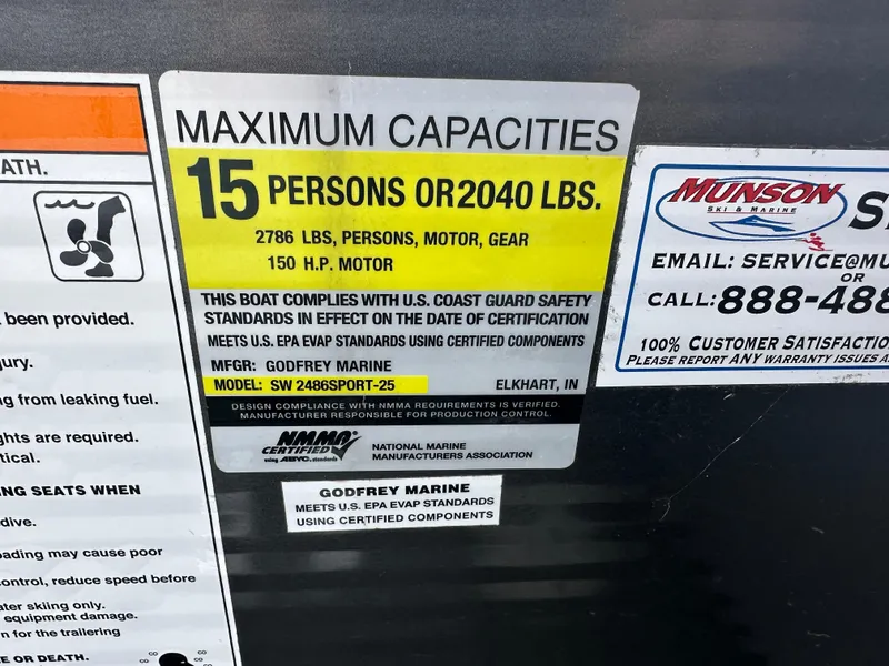 Slide: The Image of Capacity label for 2021 Godfrey Sweetwater 2486 SB, 15 persons or 2040 lbs, 150 HP motor. - 21