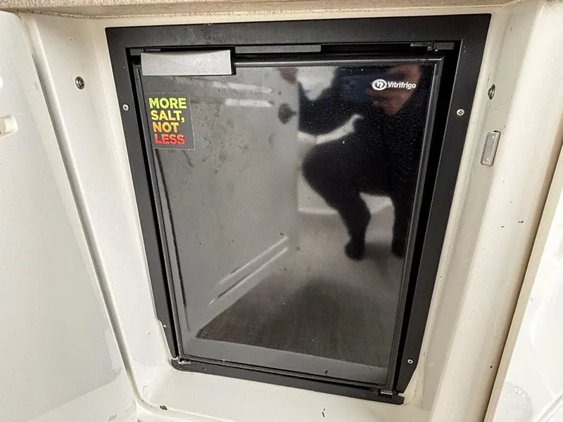 Slide: The Image of Compact fridge on 2006 Sea Ray 290 Sundancer boat with "More Salt, Not Less" sticker. - 5