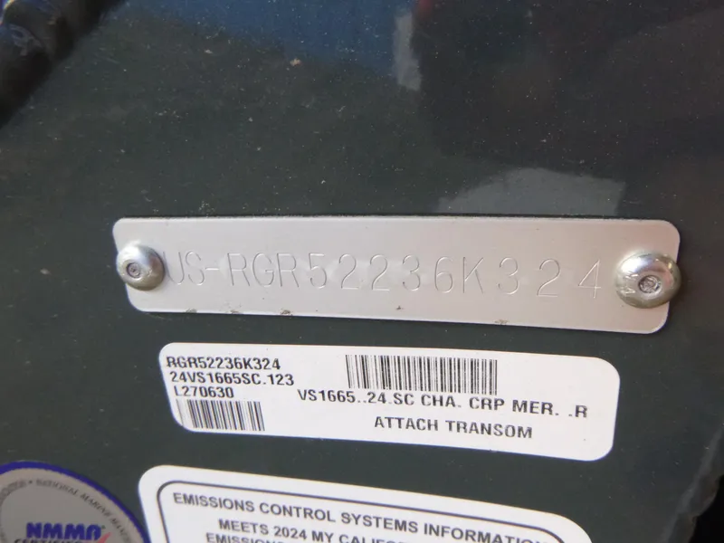 Slide: The Image of 2024 Ranger VS1665SC boat identification and emissions control information plate. - 12