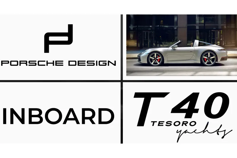 Slide: The Image of Tesoro T40 Inboard 2022, Porsche Design collaboration, luxury yacht and car imagery. - 4