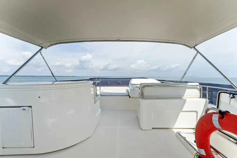 Slide: The Image of Flybridge of 2013 Ferretti Yachts 620 with seating and ocean view. - 43
