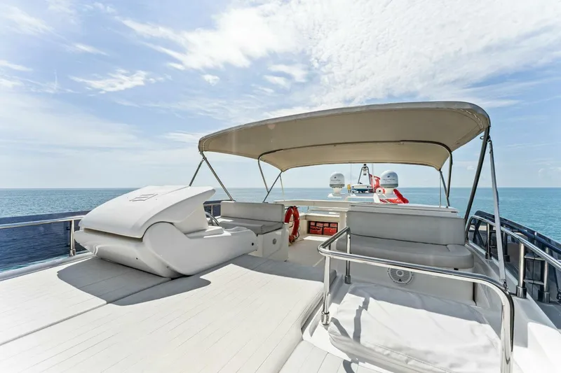 Slide: The Image of Luxurious 2013 Ferretti Yachts 620 with spacious deck and canopy on open sea. - 49