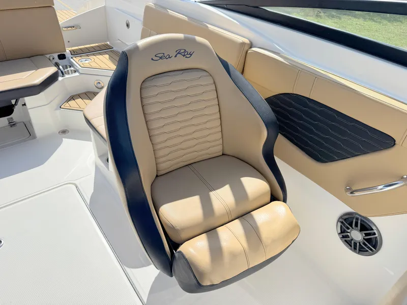 Slide: The Image of 2022 Sea Ray SPX 230 OB boat seat, beige and black, with logo embroidery. - 14