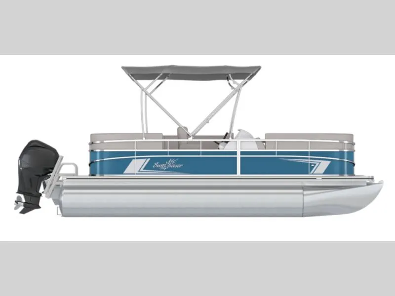 Slide: The Image of 2023 Vista 20 LR pontoon boat with blue exterior and canopy, featuring an outboard motor. - 1