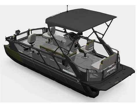 Slide: The Image of 2025 Sea-Doo Switch Fish 21 cruising on a serene lake with lush green trees. - 9