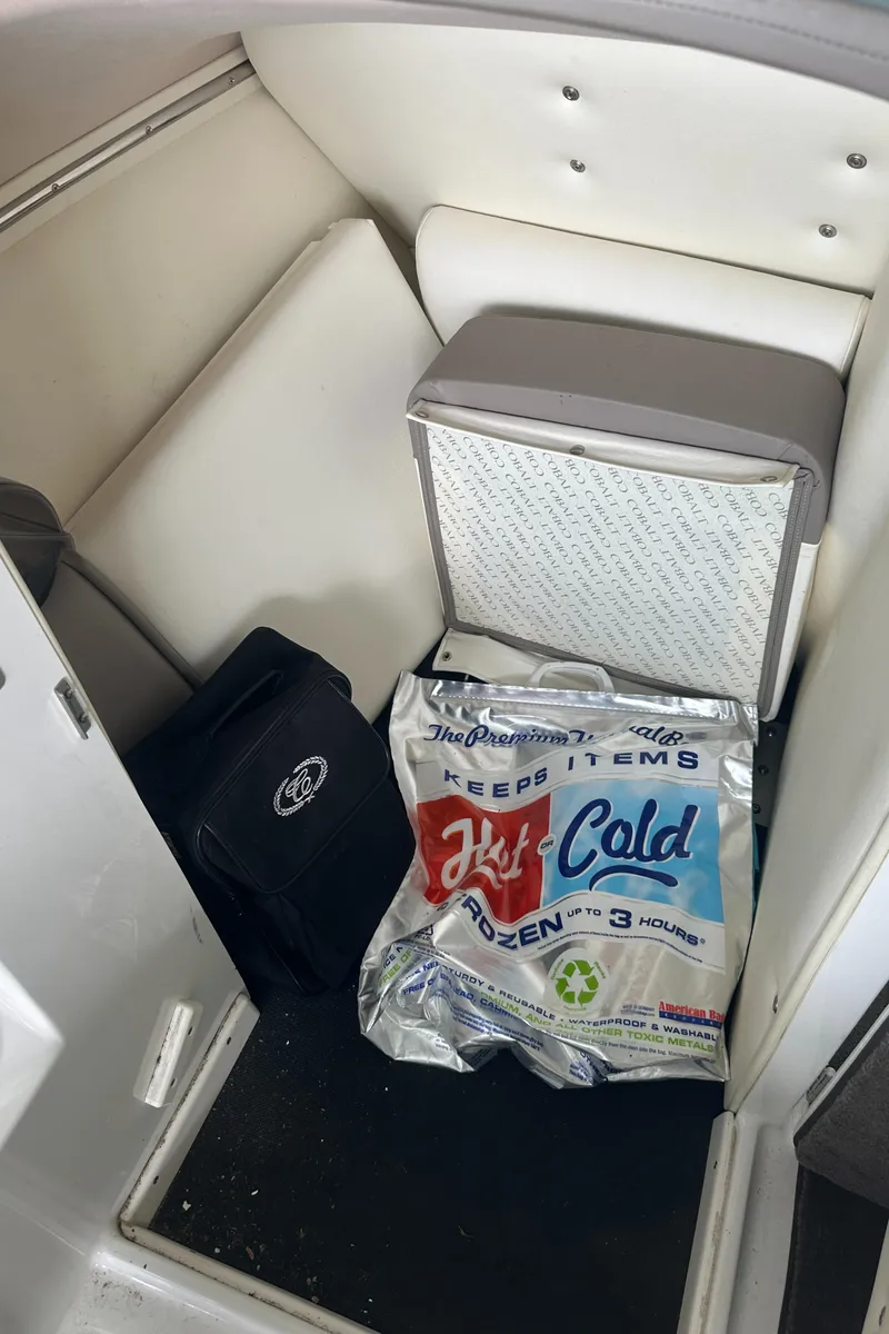 Slide: The Image of Interior of a 2002 Cobalt 246 boat with cooler and insulated bag. - 19