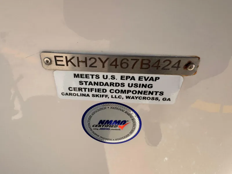 Slide: The Image of 2024 Carolina Skiff 21 LS compliance plate with EPA and NMMA certification labels. - 16