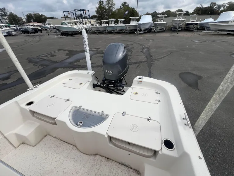 Slide: The Image of 2019 Carolina Skiff 218 DLV boat with outboard motor in a marina setting. - 5