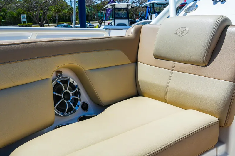 Slide: The Image of 2019 Sailfish 245 DC boat interior with beige seating and speaker detail. - 25