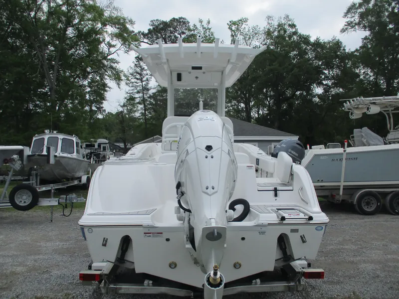 Slide: The Image of 2025 Sea Fox 228 Commander boat, rear view, parked on trailer. - 4