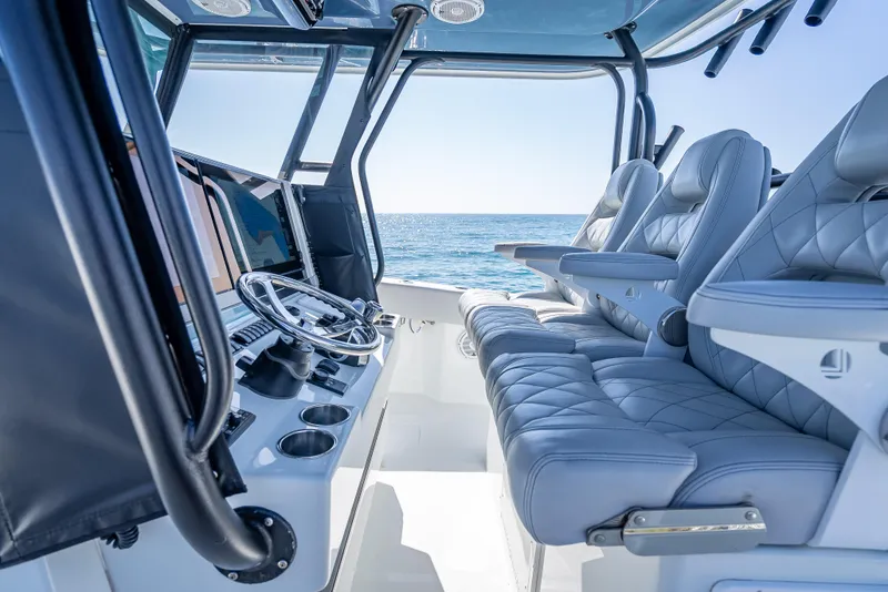 Slide: The Image of Luxurious interior of 2019 Freeman 42 LR boat with ocean view. - 32