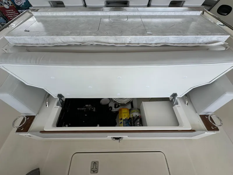 Slide: The Image of 2025 Tiara Yachts 34 LS interior storage compartment with organized equipment and supplies. - 14