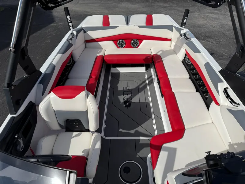 Slide: The Image of 2020 Axis A24 boat interior with red and white seating, sleek design, and modern features. - 17