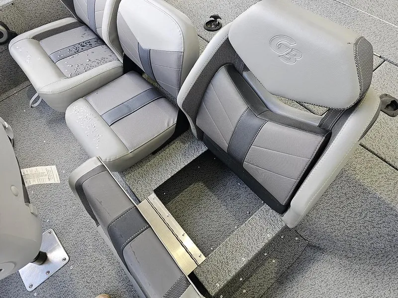 Slide: The Image of 2025 G3 Sportsman 1810 PFX boat seats, featuring gray and black cushioned design. - 18