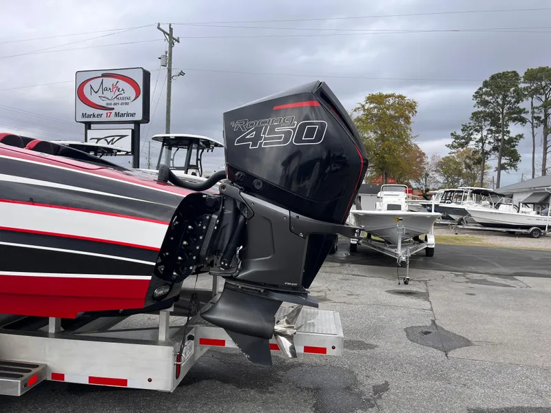 Slide: The Image of Boat with Mercury Racing 450 engine at marina, Wright Performance 360, 2020 model. - 3