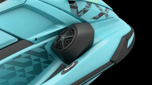 Slide: The Image of 2025 Yamaha Waverunner VX Limited HO, turquoise design with speaker detail, black background. - 9