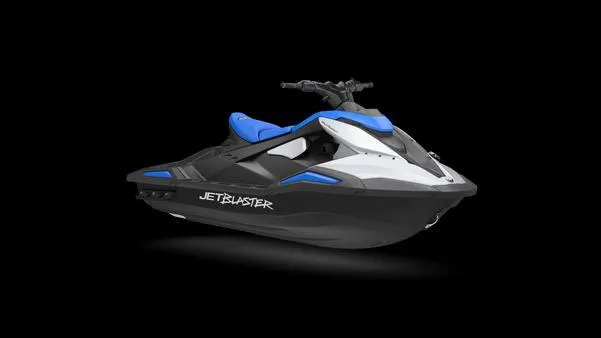 Slide: The Image of 2025 Yamaha Waverunner Jet Blaster, sleek design, blue and white color scheme, on black background. - 2