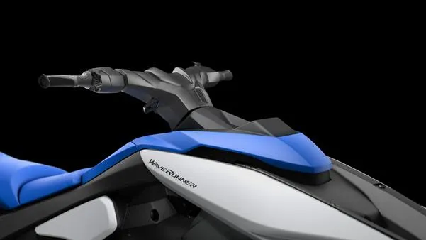 Slide: The Image of 2025 Yamaha Waverunner Jet Blaster, blue and white, sleek design, handlebars, black background. - 6