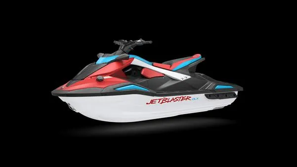 Slide: The Image of 2025 Yamaha Waverunner Jet Blaster DLX 3UP in red and blue on black background. - 2