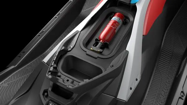 Slide: The Image of 2025 Yamaha Waverunner Jet Blaster DLX 3UP storage compartment with fire extinguisher. - 8