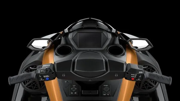 Slide: The Image of 2025 Yamaha Waverunner FX Cruiser HO dashboard with audio system, black and gold design. - 5