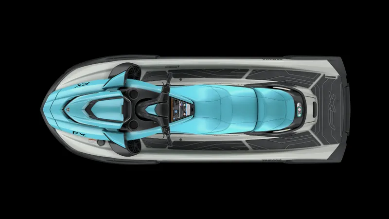 Slide: The Image of 2025 Yamaha Waverunner FX Cruiser HO with Audio, top view, sleek design, turquoise accents. - 2