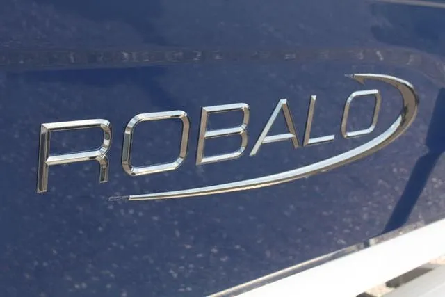 Slide: The Image of Chrome "Robalo" logo on a 2022 Robalo R200 boat. - 8
