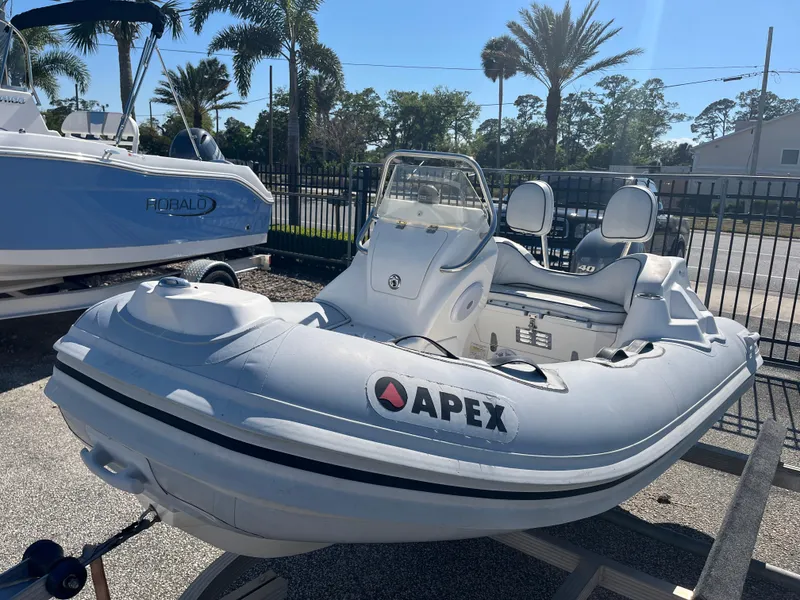 Slide: The Image of 2014 Apex A-11 Tender inflatable boat displayed outdoors with palm trees in the background. - 4